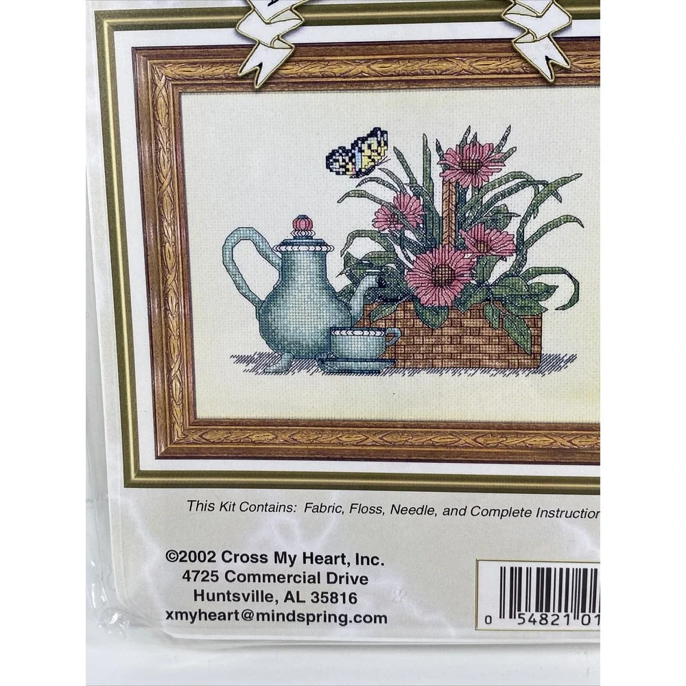 Cross My Heart Stitch 'N Go TEA TIME BASKET Cross Stitch Kit Floral Insect